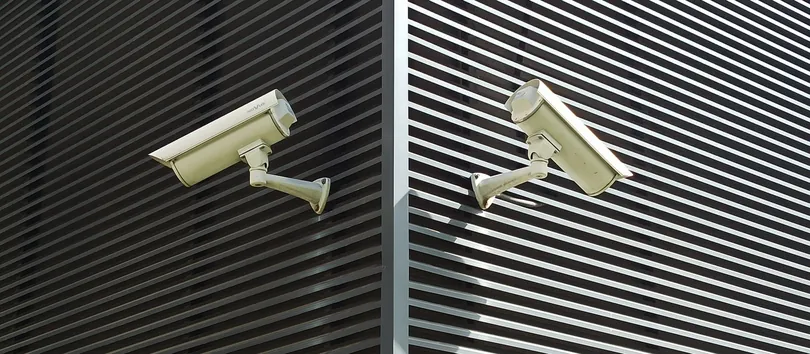 Dos cámaras de vigilancia instaladas en una fachada de lamas oscuras