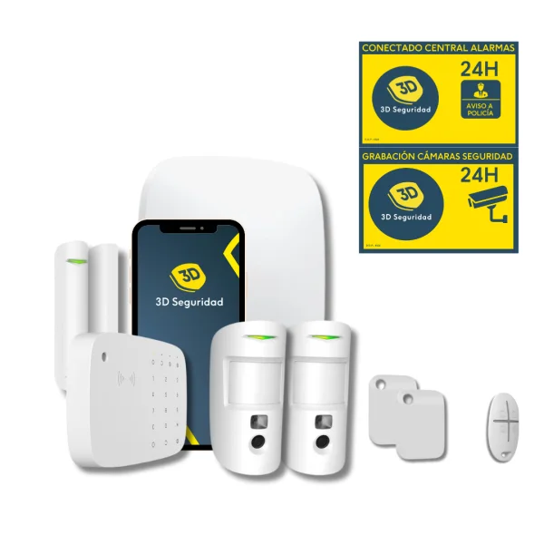 Kit de alarma Avanzada 2 de 3D Seguridad: central, teclado, aplicación móvil, dos fotodetectores, mando y llaves inteligentes